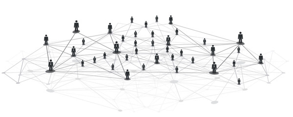 Poster - Black and White Networks, Business or Social Media Connections Concept Design - Polygonal Mesh on Isolated White Background - Grey Business Men Figures, Nodes Connected with Complex Polygonal Mesh