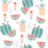 Fototapeta Dinusie - Seamless pattern with  pineapples and juicy watermelon. Summer fruits vector
