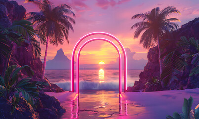 Wall Mural - neon archway stands prominently in a tropical scene at sunset,  Generative AI 