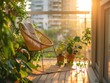 Sunlit Balcony Terrace with Wooden Floor, Chair, and Green Potted Plants - Cozy and Relaxing Home Area - Bright and Sunny Cityscape Lighting - Inviting and Comfortable Style
