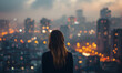 A contemplative young woman gazes out at the city during the peaceful moments of twiligh,  Generative AI 