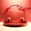 3d red chinese display podium on a blurred red background, a Generative AI