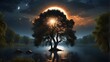 A total solar eclipse, a river, and dark trees are examples of natural phenomena. produced by AI