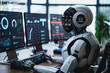 AI robots with screens displaying real time data analysis and learning big data in the world.