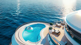 Fototapeta Las - A sleek and modern luxury cruise ship deck, complete with infinity pools, sun loungers, and breathtaking ocean vistas, offering an unparalleled experience in high-end maritime travel.