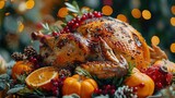Fototapeta  - Homemade Roasted Thanksgiving Day Turkey with all the Sides. Generative Ai. 