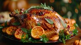 Fototapeta  - Homemade Roasted Thanksgiving Day Turkey with all the Sides. Generative Ai. 