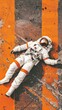 An astronaut is lying on the street crossing ground.