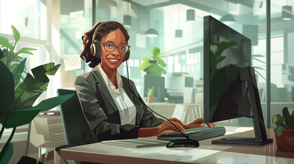 Poster -  a corporate workspace, a smiling businesswoman sits at her computer, headset on as she engages in conversation with clients or colleagues