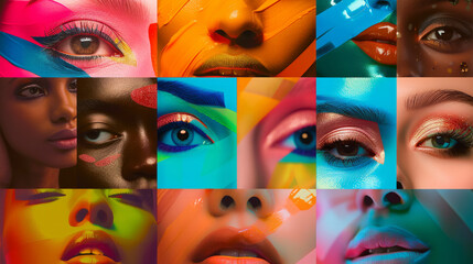 Wall Mural - A collage of colorful eyes with different shades of green, blue, and yellow. a moodboard for a cosmetics brand targeting Gen Z, emphasizing inclusivity and representation of diverse skin tones.