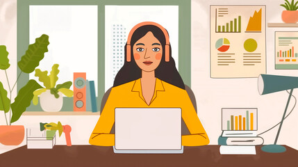 Poster - A woman with headphones on sits in front of her laptop, a playful smile on her face as she gazes at the screen, cartoon image of a woman displayed prominently
