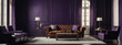 Living room décor includes a leather armchair against an empty royal purple wall.