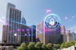 Chicago cityscape with a futuristic hologram security concept over the buildings. Double exposure