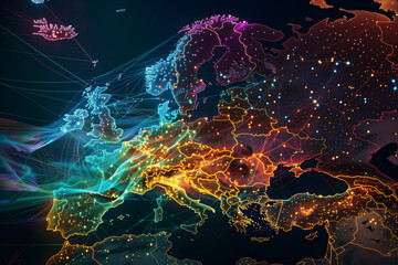 Wall Mural - Abstract world map with concept of European global network and connectivity, data transfer and cyber technology, information exchange and telecommunication