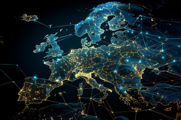 Wall Mural - Abstract world map with concept of European global network and connectivity, data transfer and cyber technology, information exchange and telecommunication