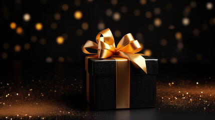 Wall Mural - A gift box adorned with a golden ribbon against a black background with glitter, symbolizing the concept of Black Friday sale.