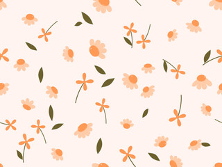 Canvas Print - Seamless pattern with cute flower and green leaves on orange background vector.