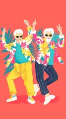 two older men dancing in front of red background