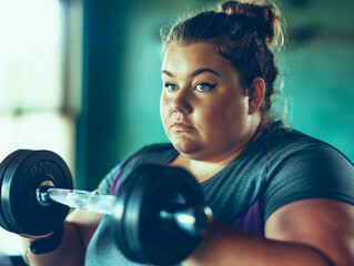 overweight woman exercising in gym with equipment, weight loss workout.