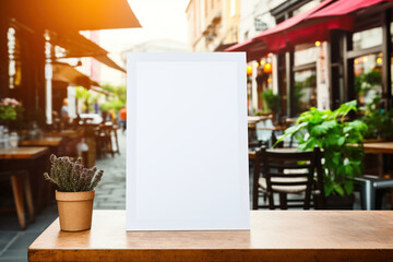 Mock up label ,blank menu frame in Bar restaurant on wooden table. Insert text, logo, or design. Copy space. Ai Generative