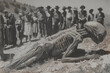 On an old black and white photo, a huge humanoid alien crawls on the ground, surrounded by a crowd of onlookers staring at it. Old photo style. Generative AI.