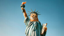 Cat The Statue Of Liberty Against A Clear Blue Sky, Embodying Freedom And Democracy. Great For Travel And Educational Content.