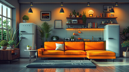 Cozy modern living room with orange sofa, stylish decor, and kitchenette, illuminated in warm light.