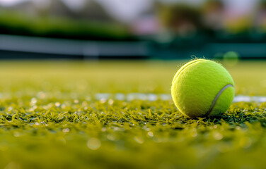 Close-up of tennis ball on green court with bokeh background