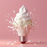 Fototapeta Perspektywa 3d - A lightbulb creatively transformed into a pink soft serve ice cream against a matching pastel background, mixing ideas of taste and light.