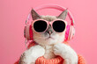 cheerful cat listens to music with trendy sunglasses on a color background