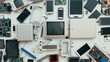 Old computers, digital tablets, mobile phones, many used electronic gadgets devices, broken household and appliances. Generative Ai