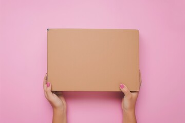 Female hand holding brown cardboard box on pastel pink background. Top view to mockup parcel box. Packaging, shopping, delivery concept