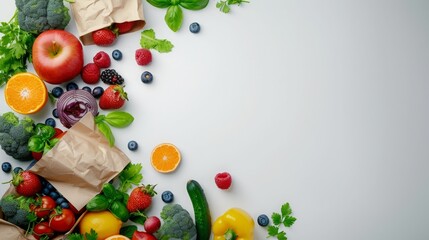 Vegan vegetarian food in paper bags with vegetables and fruits on a white background with empty copyspace for text.