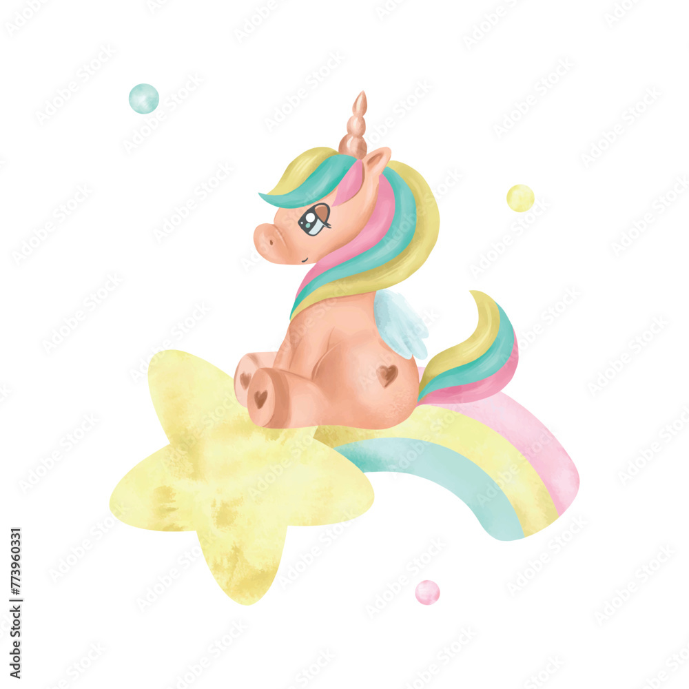 Cute unicorn sitting on a rainbow, watercolor. Hand drawn vector ...