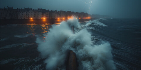 Wall Mural - Ocean waves crashing against a town in Normandy.