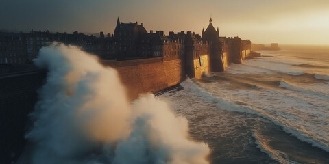 Wall Mural - Ocean waves crashing against a town in Normandy.