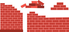 Vector Red Brick Wall Set. Construction Site Illustration. Brickwork Pile Clipart Isolated On White Background.