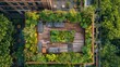 A rooftop garden with a wooden deck and a variety of plants. The garden is surrounded by trees and has a peaceful, natural atmosphere