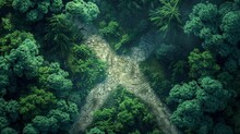 A Forest With A Dirt Road That Is Crossed By A Tree. The Road Is In The Middle Of The Forest And Is Surrounded By Trees
