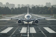 About the logistic job. airplane, front view, realistic, runway blurred in the background.