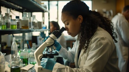 Aufkleber - Focused female scientist examining specimen through microscope in a modern laboratory. Research and discovery in science. Professional work environment. AI