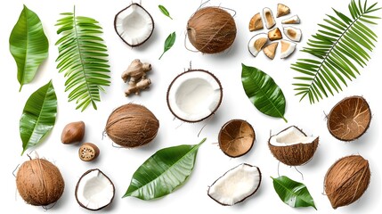 Wall Mural - Fresh tropical coconuts and leaves on white background. Flat lay, top view. Ingredients for natural skincare and vegan diet. Exotic summer theme. AI