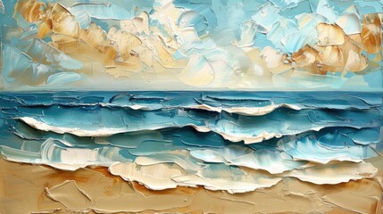 Wall Mural - Closeup of impasto abstract rough seascape and beach. Blue, white and beige colors, art painting canvas texture..