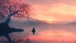  Illustrate a tranquil scene of a solitary figure seated by a serene lake at dawn, with soft hues of pink