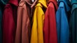 Row of colorful hooded sweatshirts hanging in a shop, with a focus on the warm earthy tones and textures.