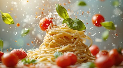 Wall Mural - floating in the air, against a rustic terracotta backdrop, gourmet pasta dishes, al dente spaghetti, fresh basil leaves, ripe cherry tomatoes and parmesan cheese shavings.