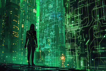 Wall Mural - horizontal illustration of a futuristic cybernetic background with a female silhouette in front of l