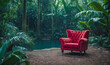 Mock-up portrays a red luxury classic armchair with gold elements standing in a picturesque tropical forest setting.