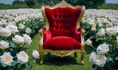 Wall Mural - Mock-up red vintage armchair stands in a field of white flowers. The armchair is surrounded by a lush green field and is the focal point of the image. The concept of tranquility and relaxation.