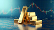 Gold bars sitting on blue bar chart, stock market and finance concept
